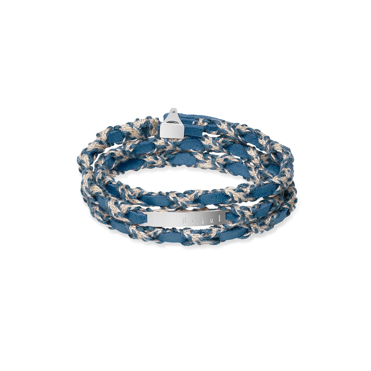Bracelet cuir bleu tressé triple tour lacet parisien