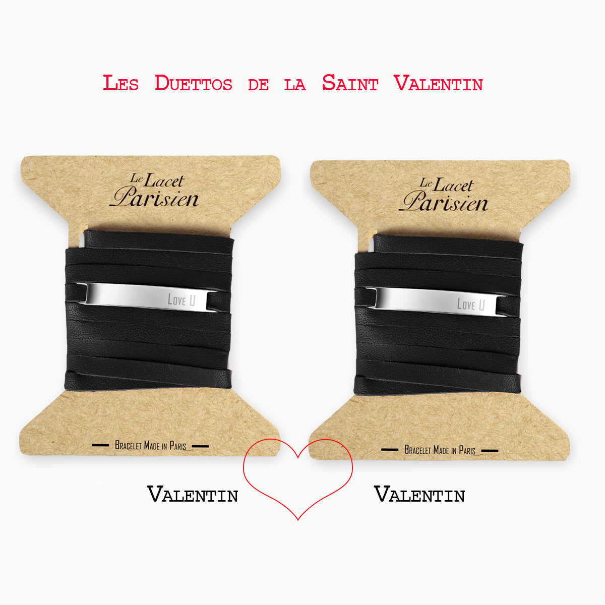 Duo bracelet cuir CAMILLE - Love U - Noir & Noir | LE LACET PARISIEN®