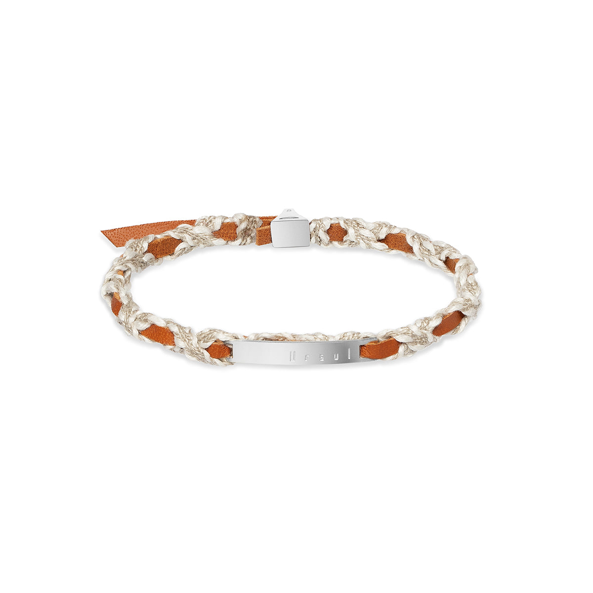 Bracelet cuir camel et lin blanc tressé