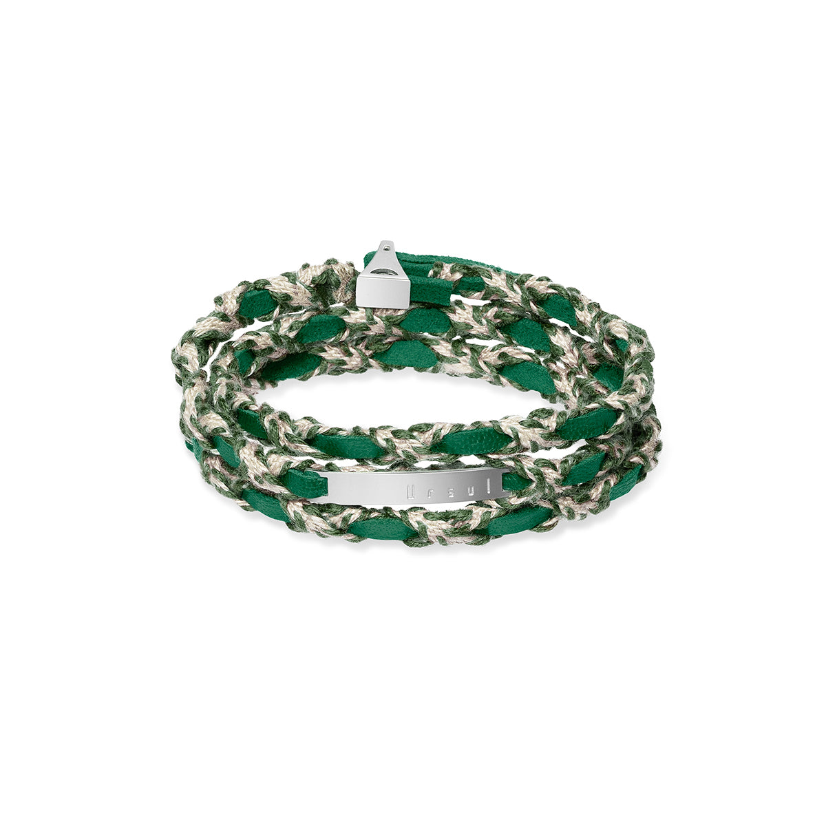 Bracelet cuir tressé triple tour vert et kaki